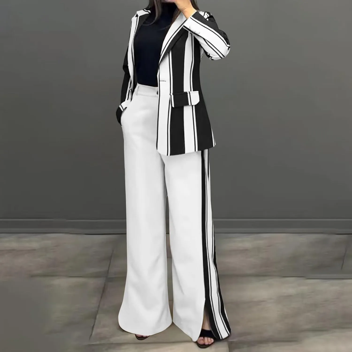 2 Piece Blazer Outfits for Women Oversized Striped Color Block Jacket Wide Leg Pants Suits Lapel Business Dressy Sets