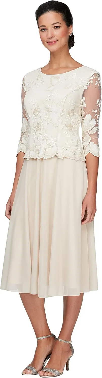 Alex Evenings Women's Tea Length Embroidered Bodice Mother of The Bride Gown, Wedding Guest Dress (Petite and Regular Sizes)
