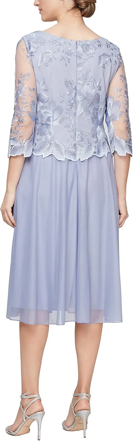 Alex Evenings Women's Tea Length Embroidered Bodice Mother of The Bride Gown, Wedding Guest Dress (Petite and Regular Sizes)