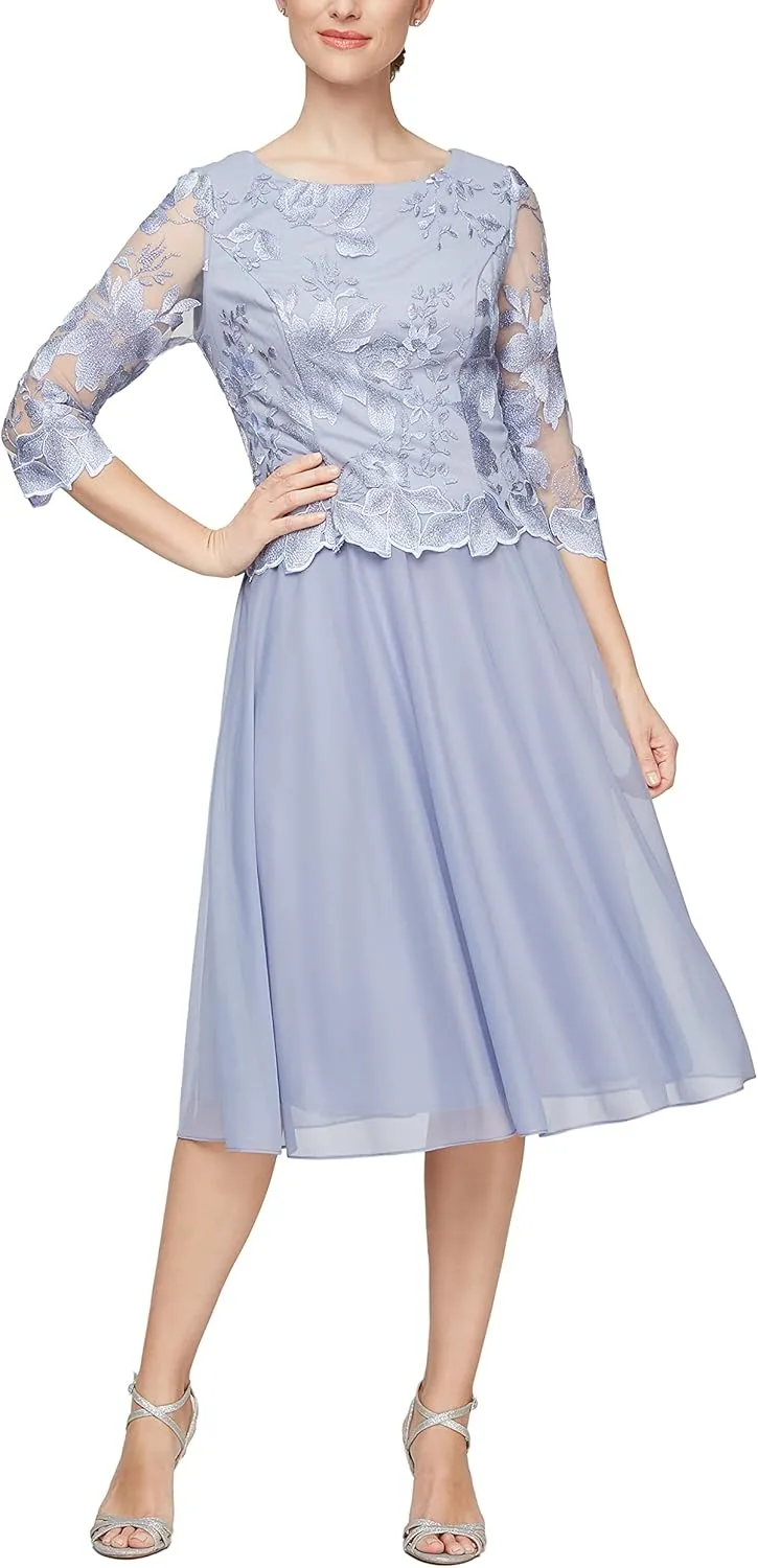 Alex Evenings Women's Tea Length Embroidered Bodice Mother of The Bride Gown, Wedding Guest Dress (Petite and Regular Sizes)