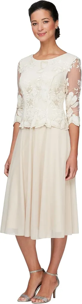 Alex Evenings Women's Tea Length Embroidered Bodice Mother of The Bride Gown, Wedding Guest Dress (Petite and Regular Sizes)