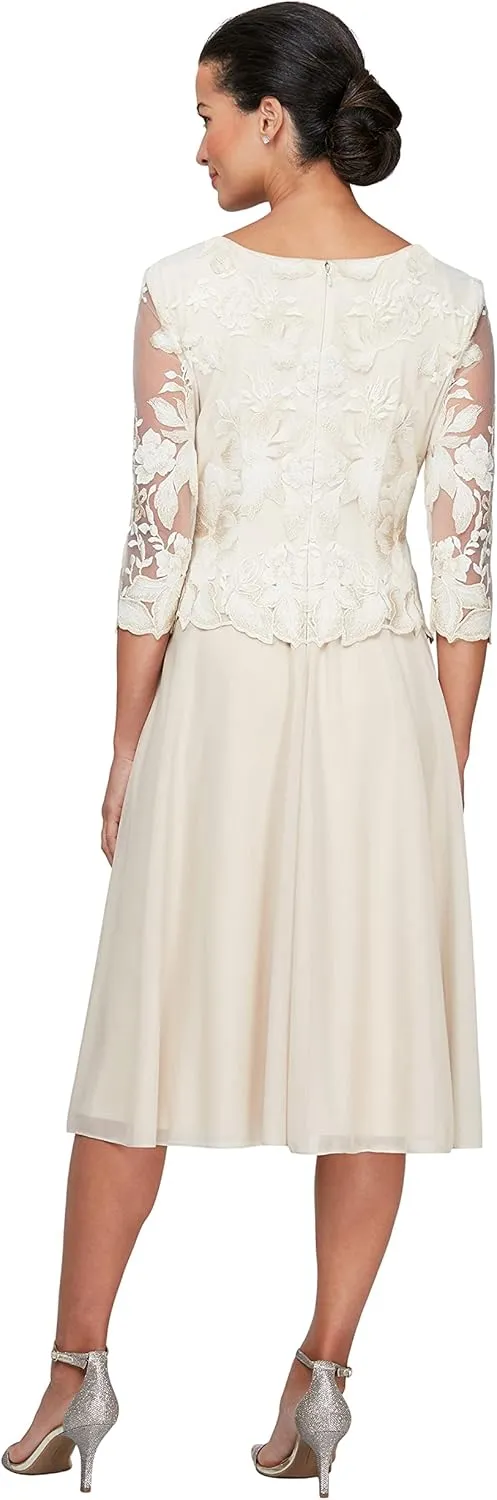 Alex Evenings Women's Tea Length Embroidered Bodice Mother of The Bride Gown, Wedding Guest Dress (Petite and Regular Sizes)