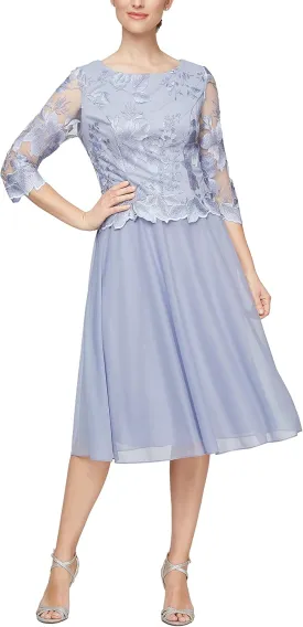 Alex Evenings Women's Tea Length Embroidered Bodice Mother of The Bride Gown, Wedding Guest Dress (Petite and Regular Sizes)