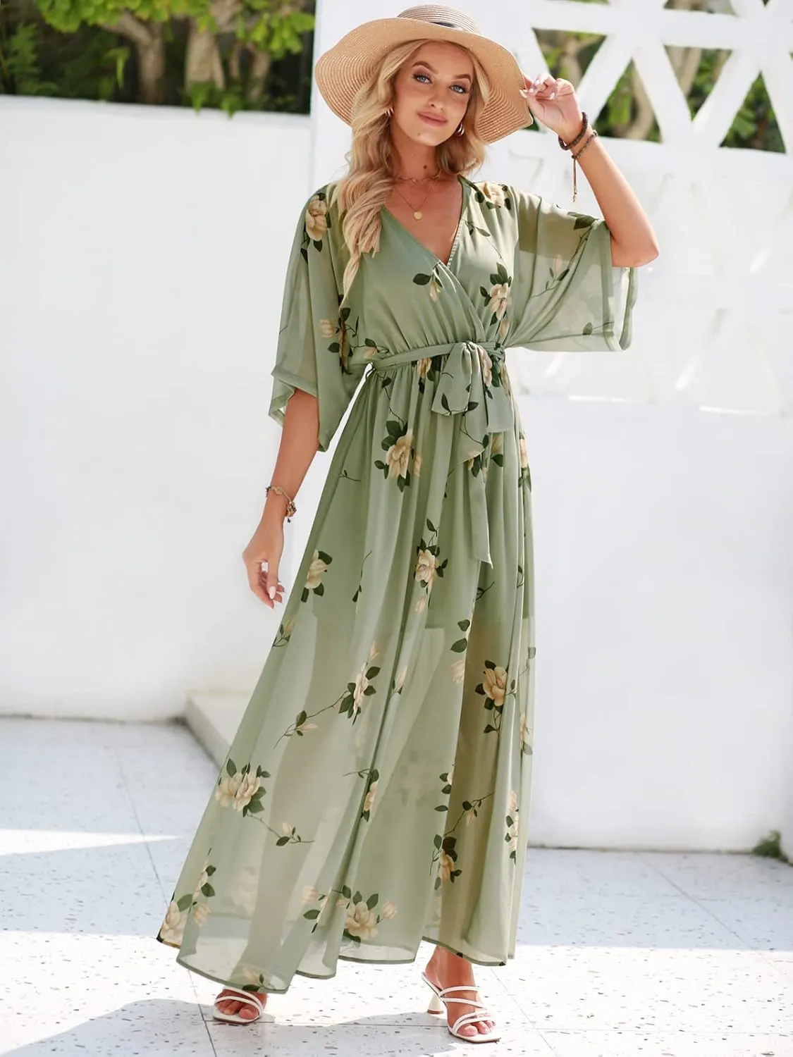 ANRABESS Womens Summer Loose Boho Flowy Wrap V Neck 3/4 Sleeve Floral Print Slit Beach Wedding Guest Long Maxi Dresses