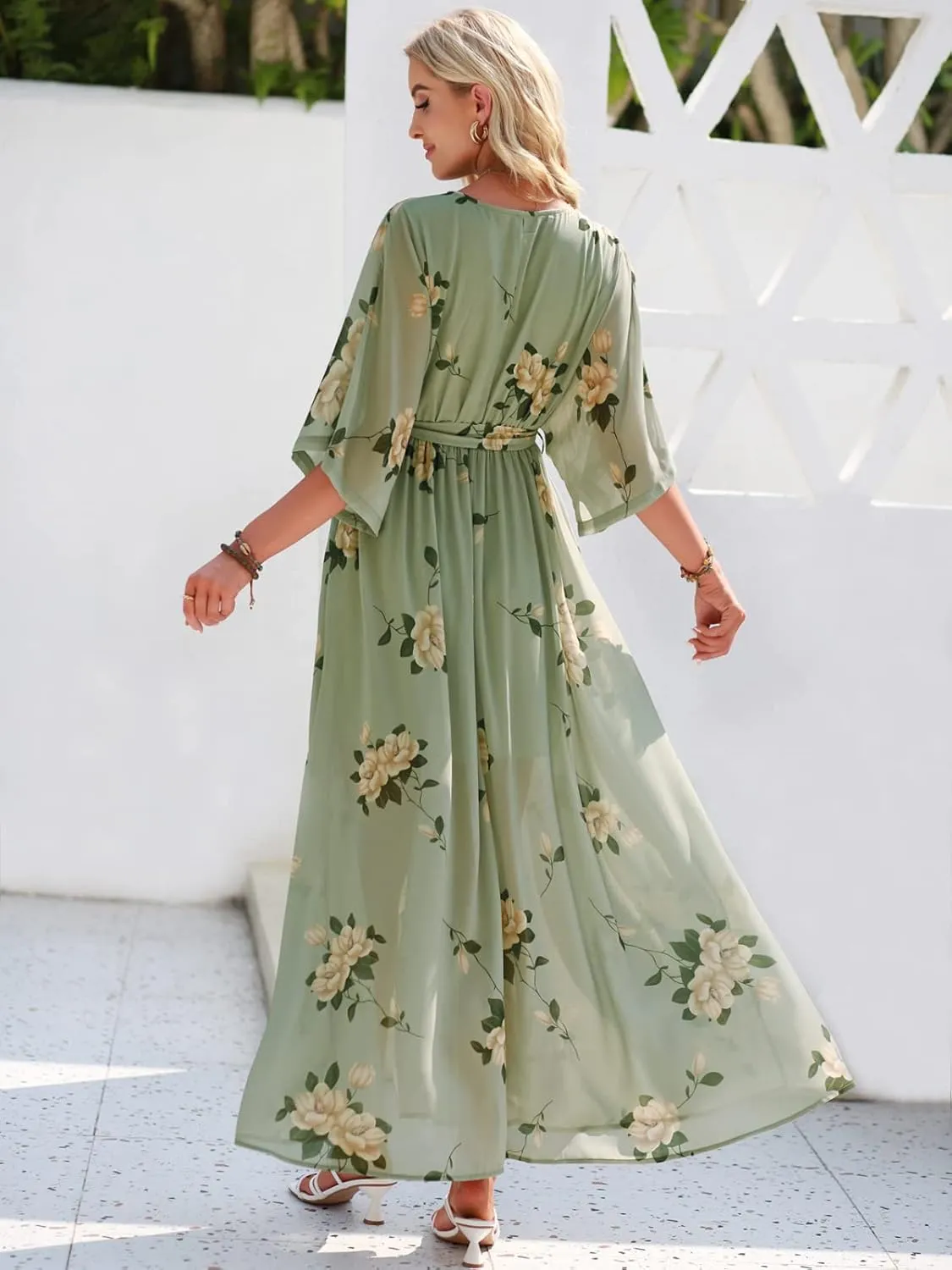 ANRABESS Womens Summer Loose Boho Flowy Wrap V Neck 3/4 Sleeve Floral Print Slit Beach Wedding Guest Long Maxi Dresses