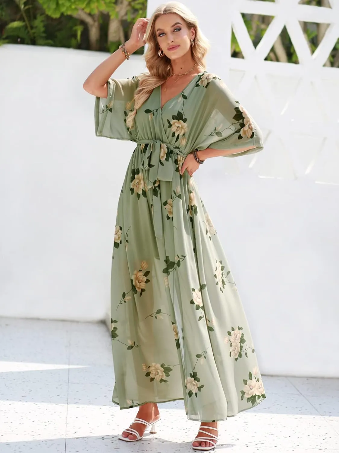 ANRABESS Womens Summer Loose Boho Flowy Wrap V Neck 3/4 Sleeve Floral Print Slit Beach Wedding Guest Long Maxi Dresses