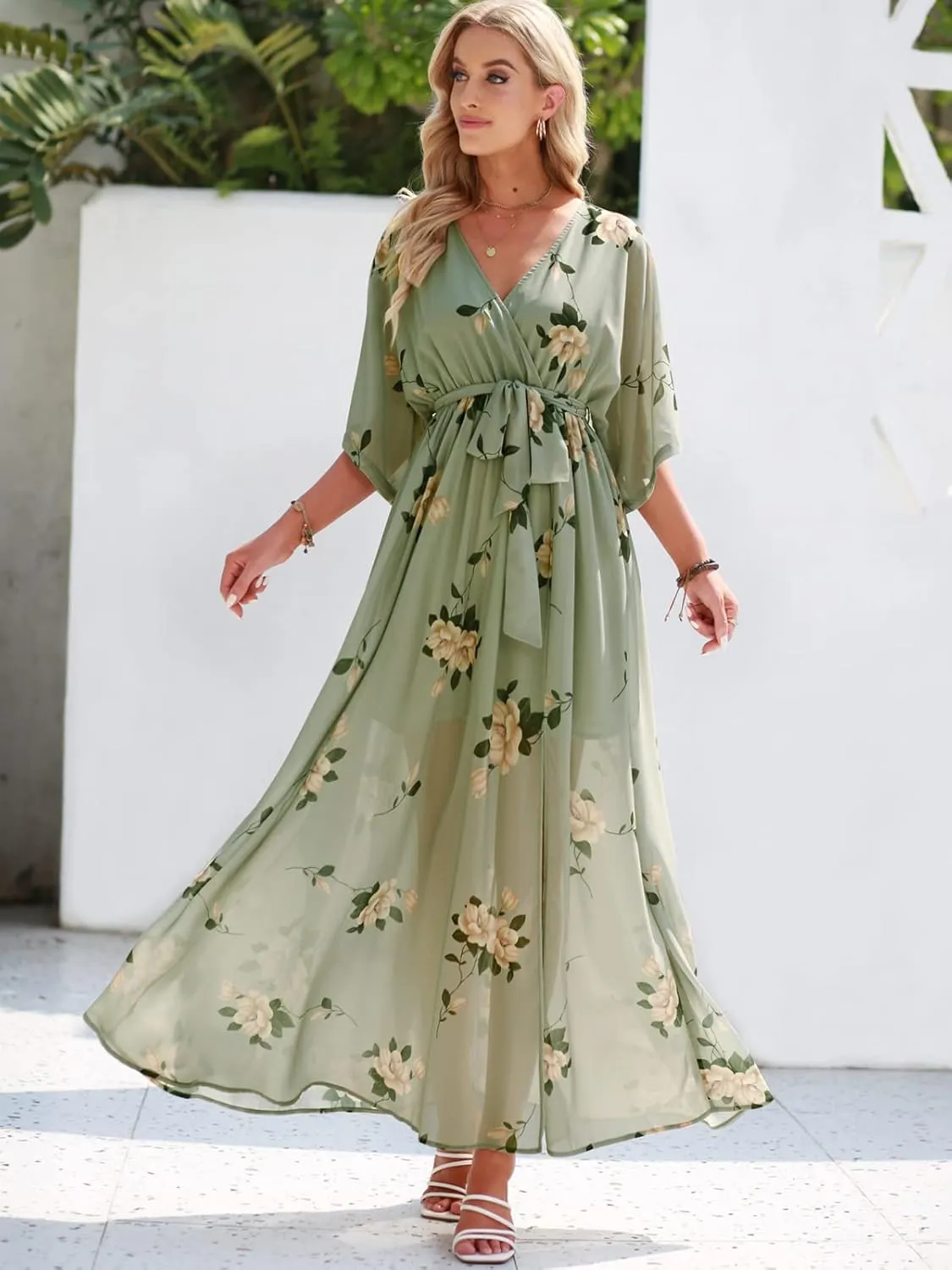 ANRABESS Womens Summer Loose Boho Flowy Wrap V Neck 3/4 Sleeve Floral Print Slit Beach Wedding Guest Long Maxi Dresses