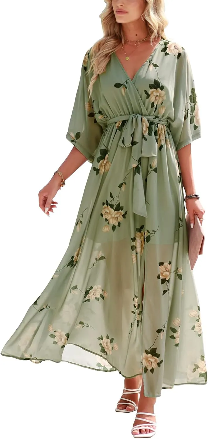 ANRABESS Womens Summer Loose Boho Flowy Wrap V Neck 3/4 Sleeve Floral Print Slit Beach Wedding Guest Long Maxi Dresses