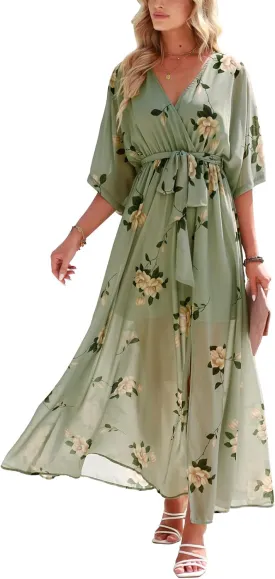 ANRABESS Womens Summer Loose Boho Flowy Wrap V Neck 3/4 Sleeve Floral Print Slit Beach Wedding Guest Long Maxi Dresses