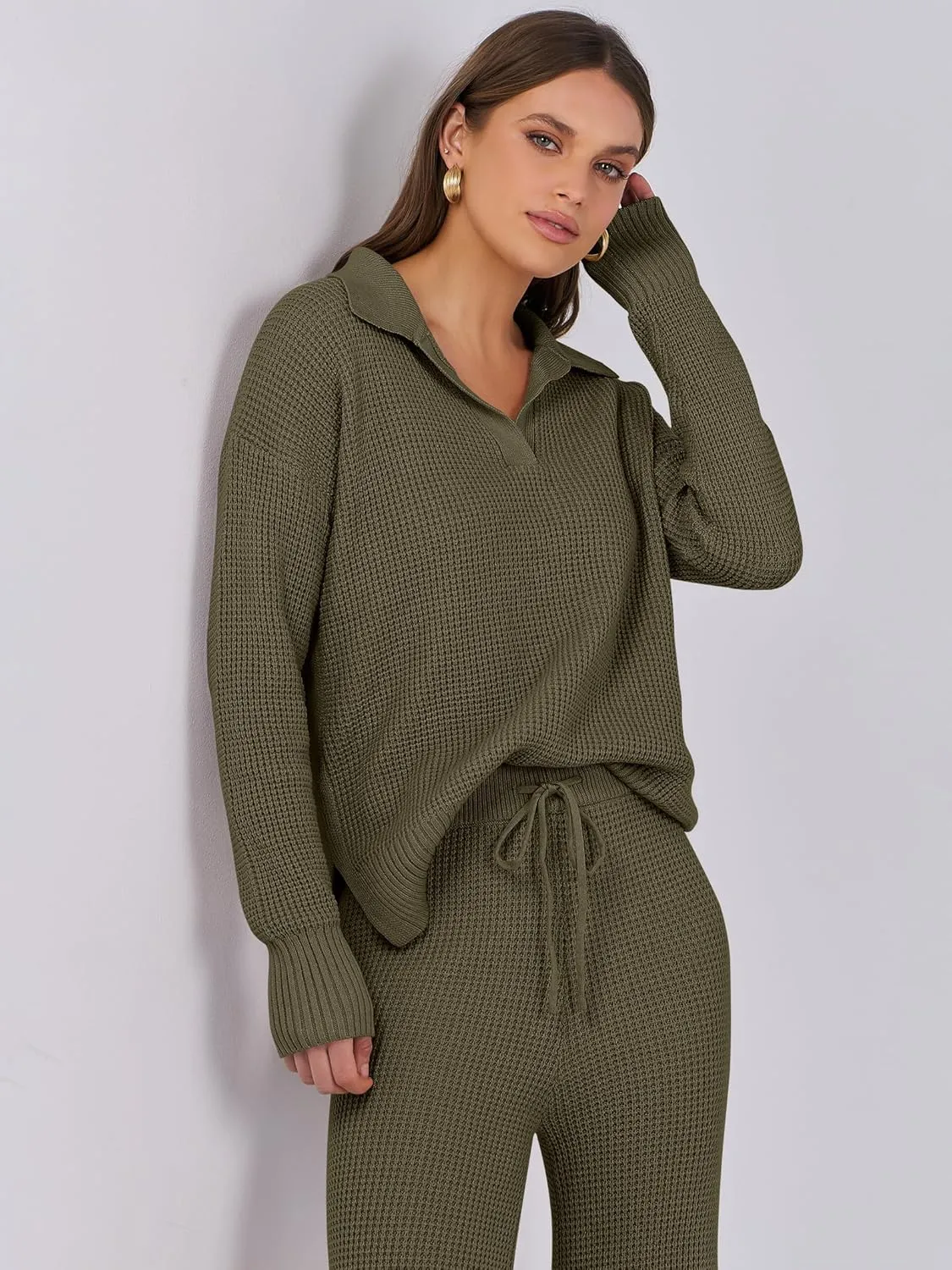 ANRABESS Womens Two Piece Outfits Sweater Sets Waffle Knit Pullover Wide Leg Pants Tracksuit Sweatsuits Matching Lounge Set
