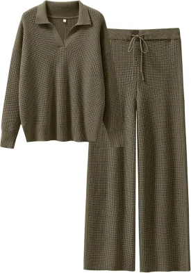 ANRABESS Womens Two Piece Outfits Sweater Sets Waffle Knit Pullover Wide Leg Pants Tracksuit Sweatsuits Matching Lounge Set