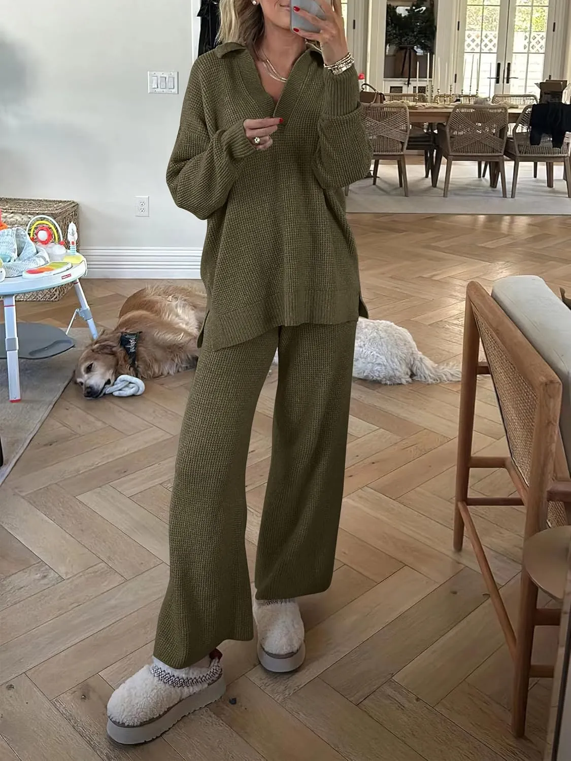 ANRABESS Womens Two Piece Outfits Sweater Sets Waffle Knit Pullover Wide Leg Pants Tracksuit Sweatsuits Matching Lounge Set