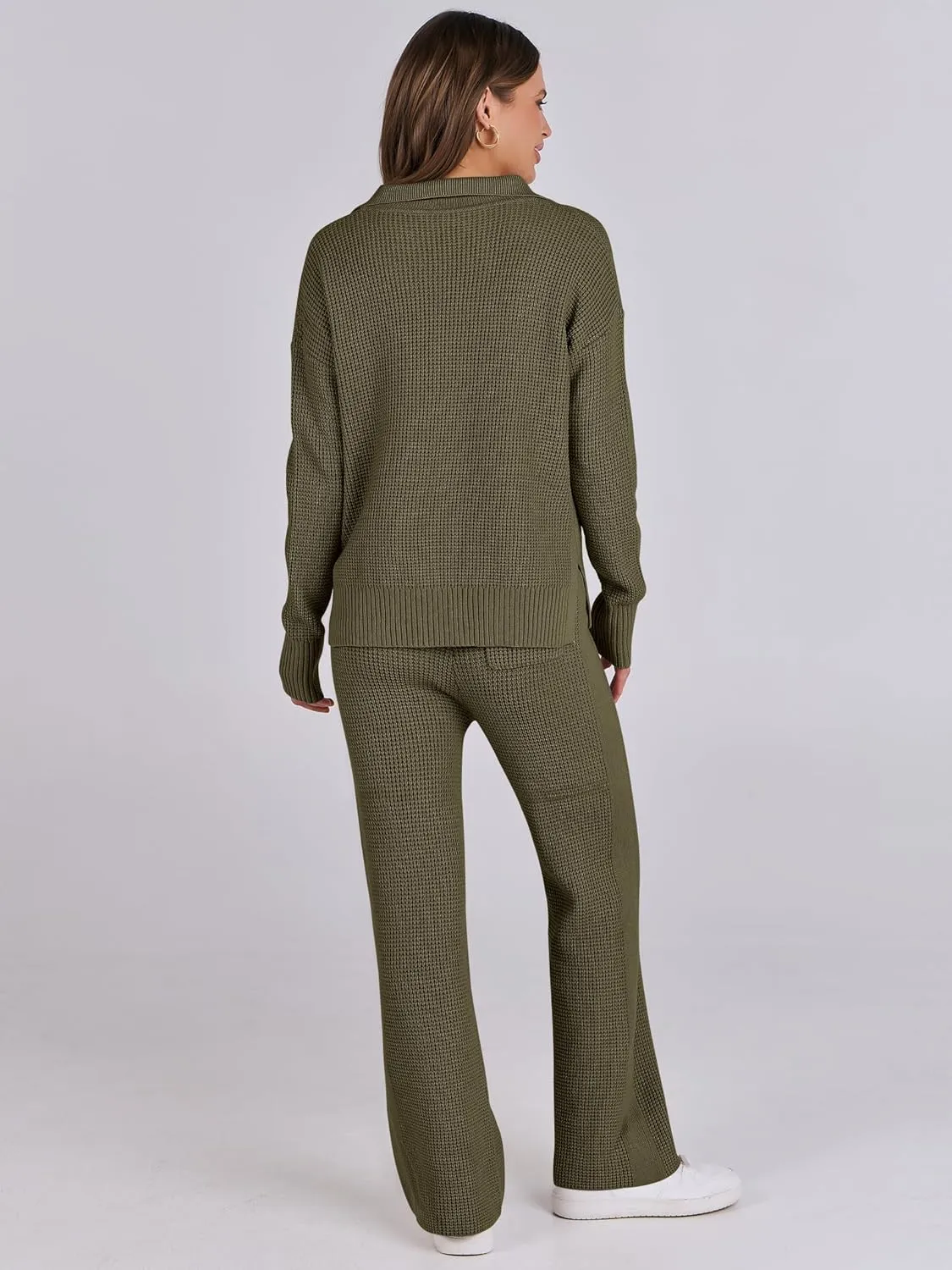 ANRABESS Womens Two Piece Outfits Sweater Sets Waffle Knit Pullover Wide Leg Pants Tracksuit Sweatsuits Matching Lounge Set