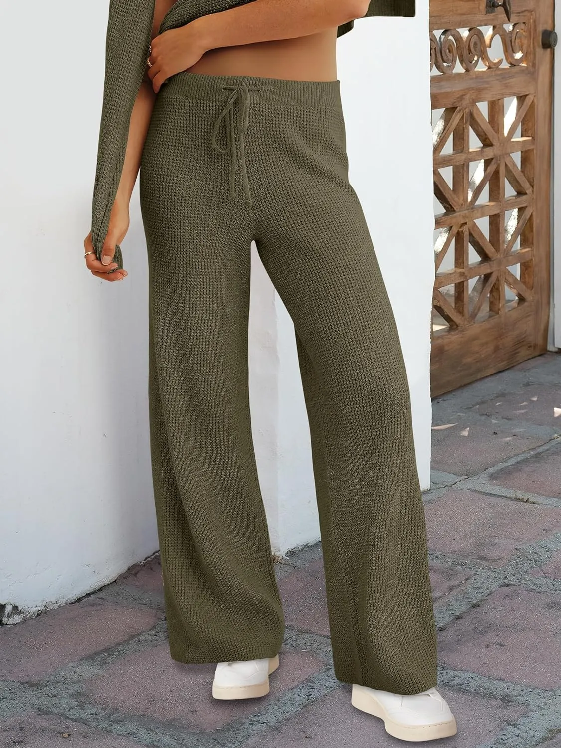 ANRABESS Womens Two Piece Outfits Sweater Sets Waffle Knit Pullover Wide Leg Pants Tracksuit Sweatsuits Matching Lounge Set