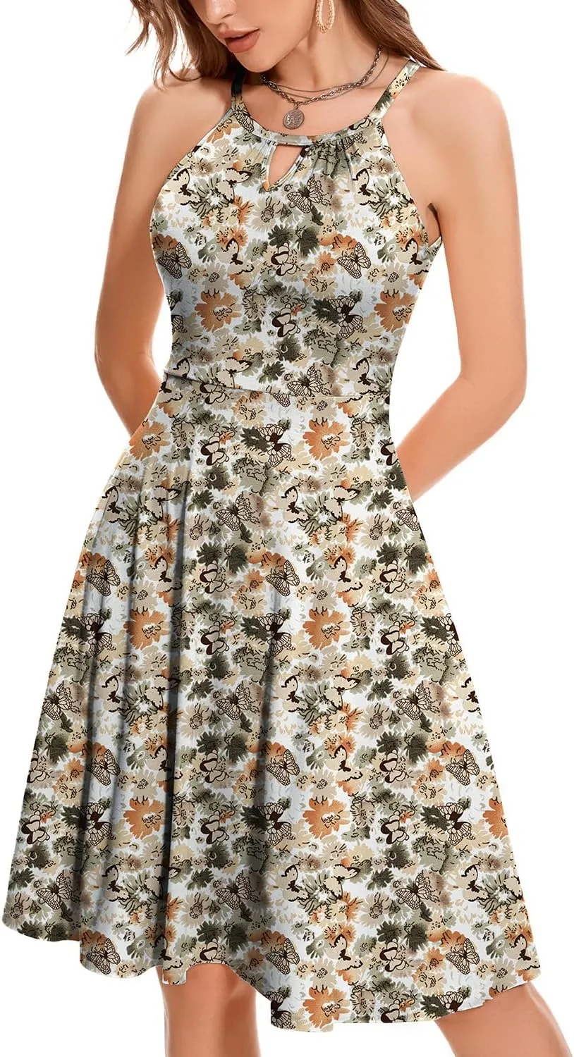 ANYFITTING Built in Bra Halter Dresses for Women 2025 Summer Pockets Dress Flowy Midi Sundresses Beach Vacation