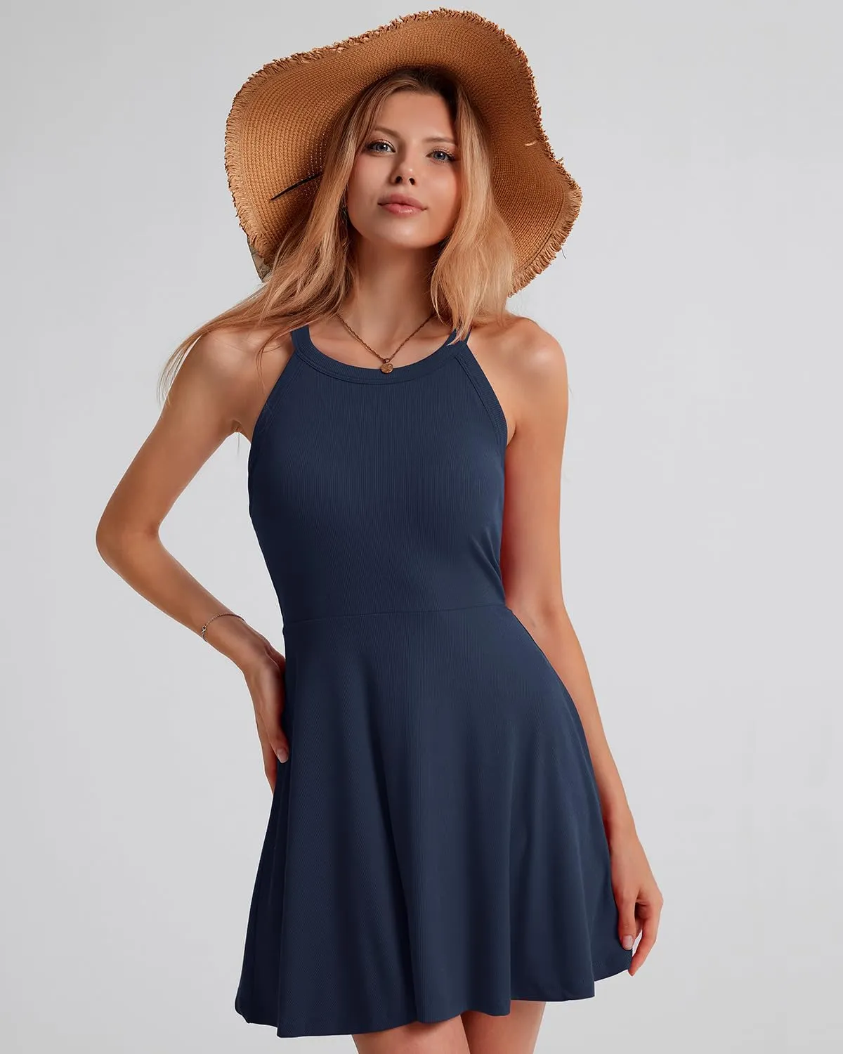 ANYFITTING Built in Bra Halter Dresses for Women Short Mini Casual Ribbed Skater Cute Dress