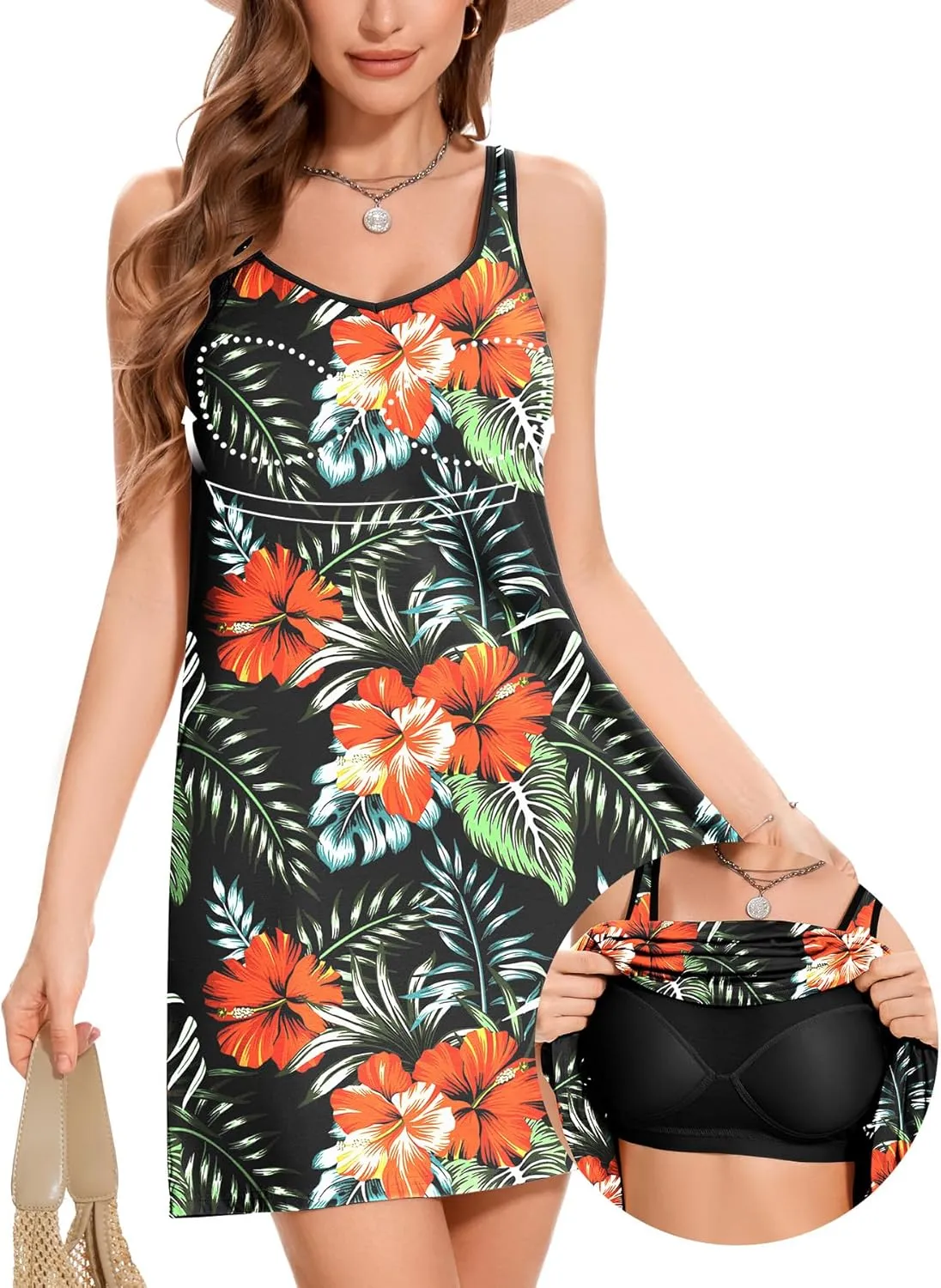ANYFITTING Built in Bra Summer Dresses for Women 2025 Casual Short Dress with Pockets Mini Floral Sundresses