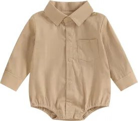 Baby Boy Button Down Shirt Newborn Solid Color Long Sleeve Romper Gentleman Lapel Bodysuit with Pocket