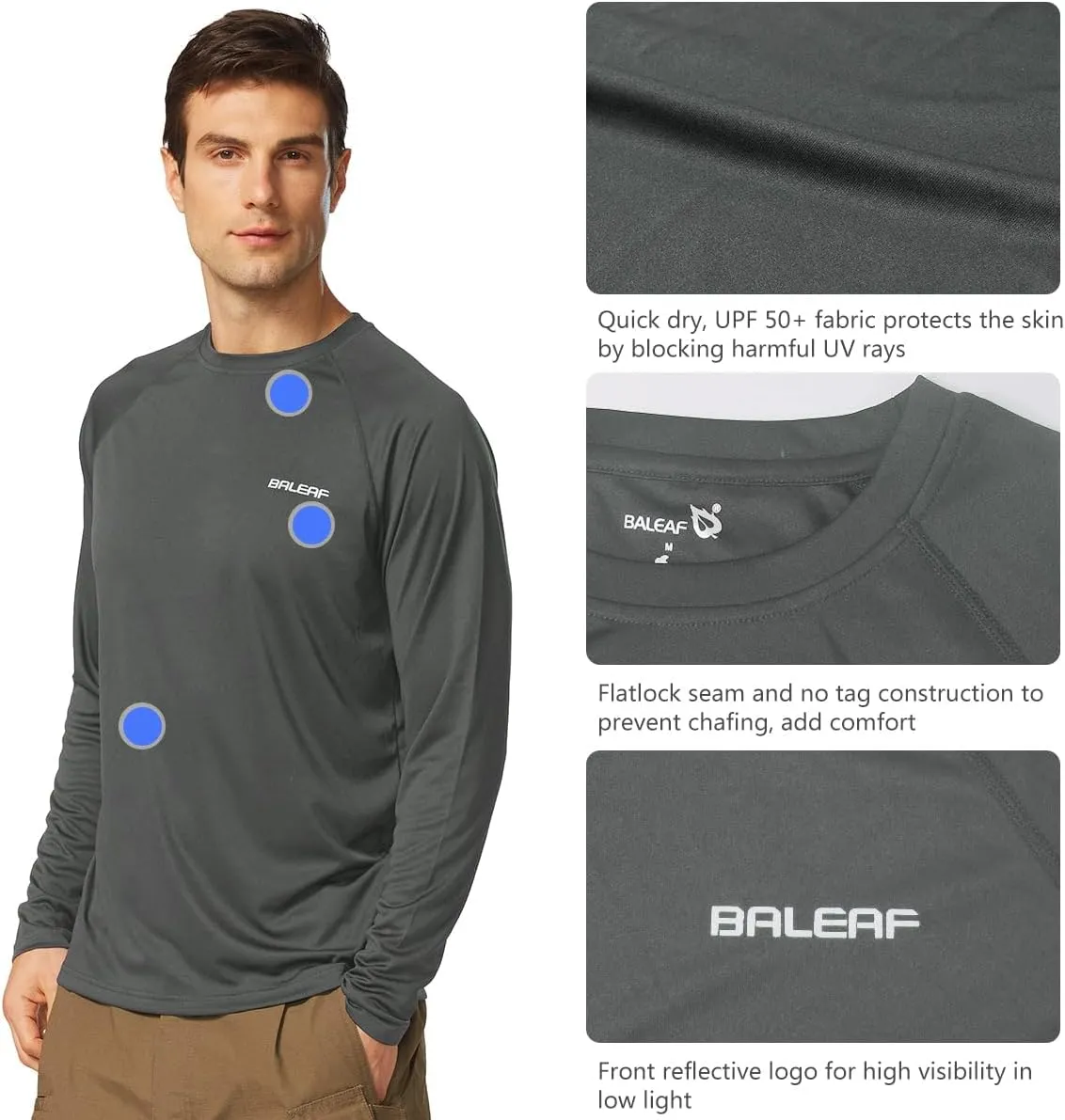 baleaf Men's Sun Protection Shirts UV SPF UPF 50  Long Sleeve Rash Guard Fishing Running Quick Dry Lightweight
