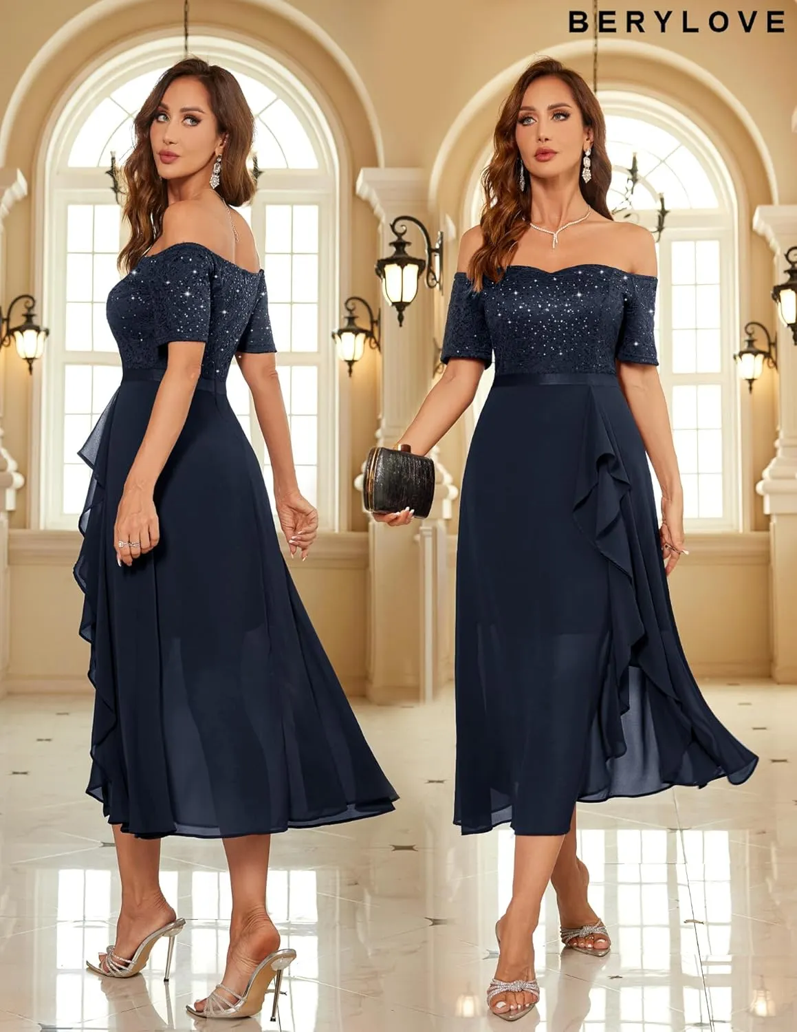 BeryLove Women Sequin Formal Party Dress Off Shoulder Wedding Cocktail Midi Evening Dress