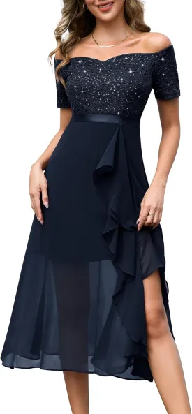 BeryLove Women Sequin Formal Party Dress Off Shoulder Wedding Cocktail Midi Evening Dress