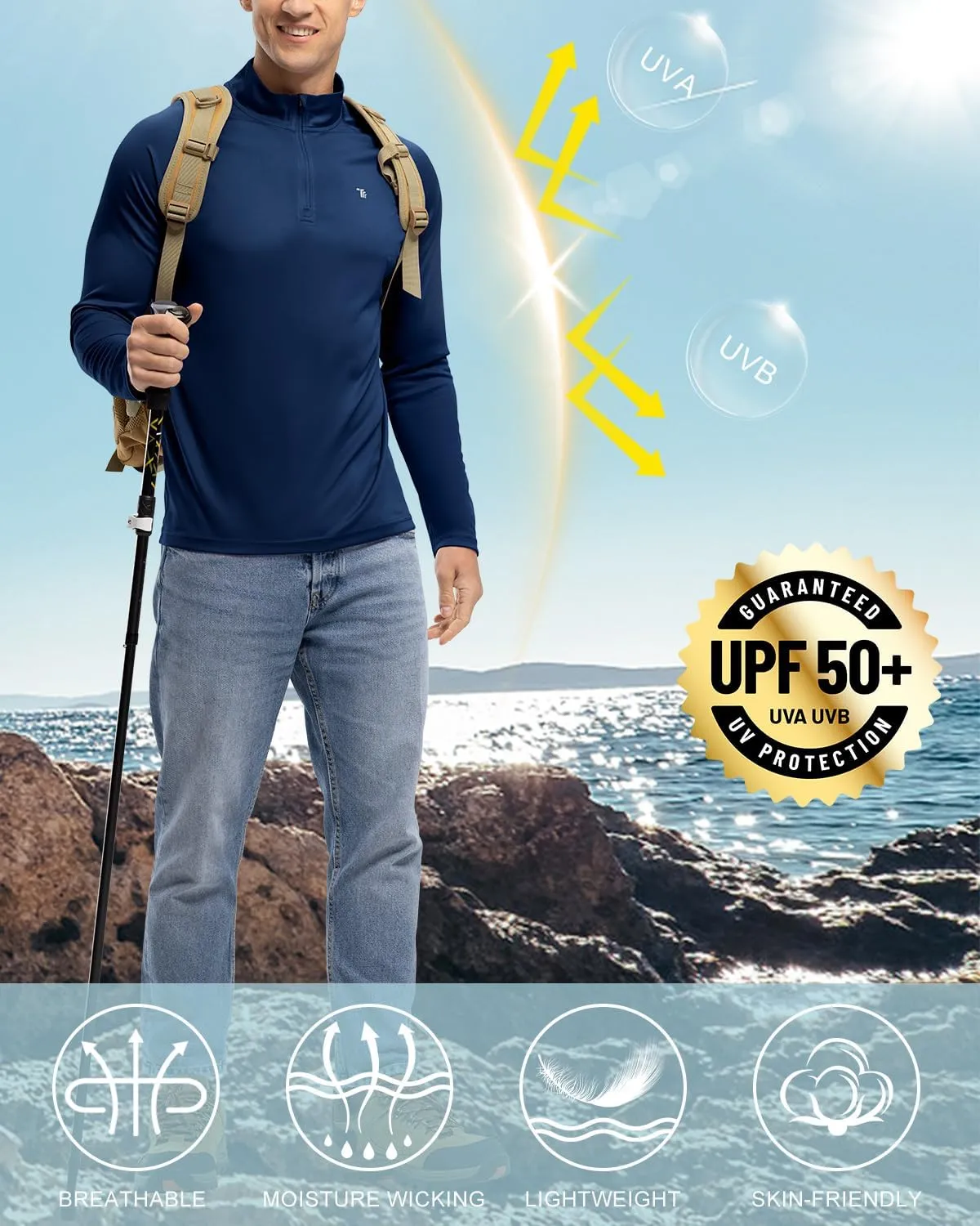 BGOWATU Men's Hiking Shirts Long Sleeve Sun Shirts UPF 50  Quarter Zip Pullover Quick Dry Rash Guard