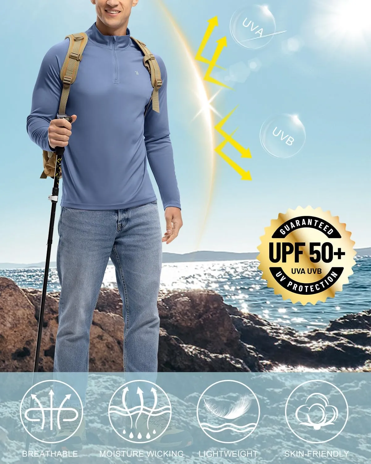 BGOWATU Men's Hiking Shirts Long Sleeve Sun Shirts UPF 50  Quarter Zip Pullover Quick Dry Rash Guard