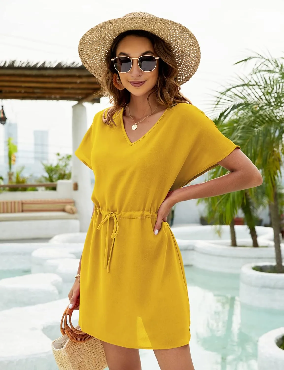 Bluetime Women Casual Swim Cover up V-Neck Summer Coverups Flowy Short Sleeve Mini Beach Dress