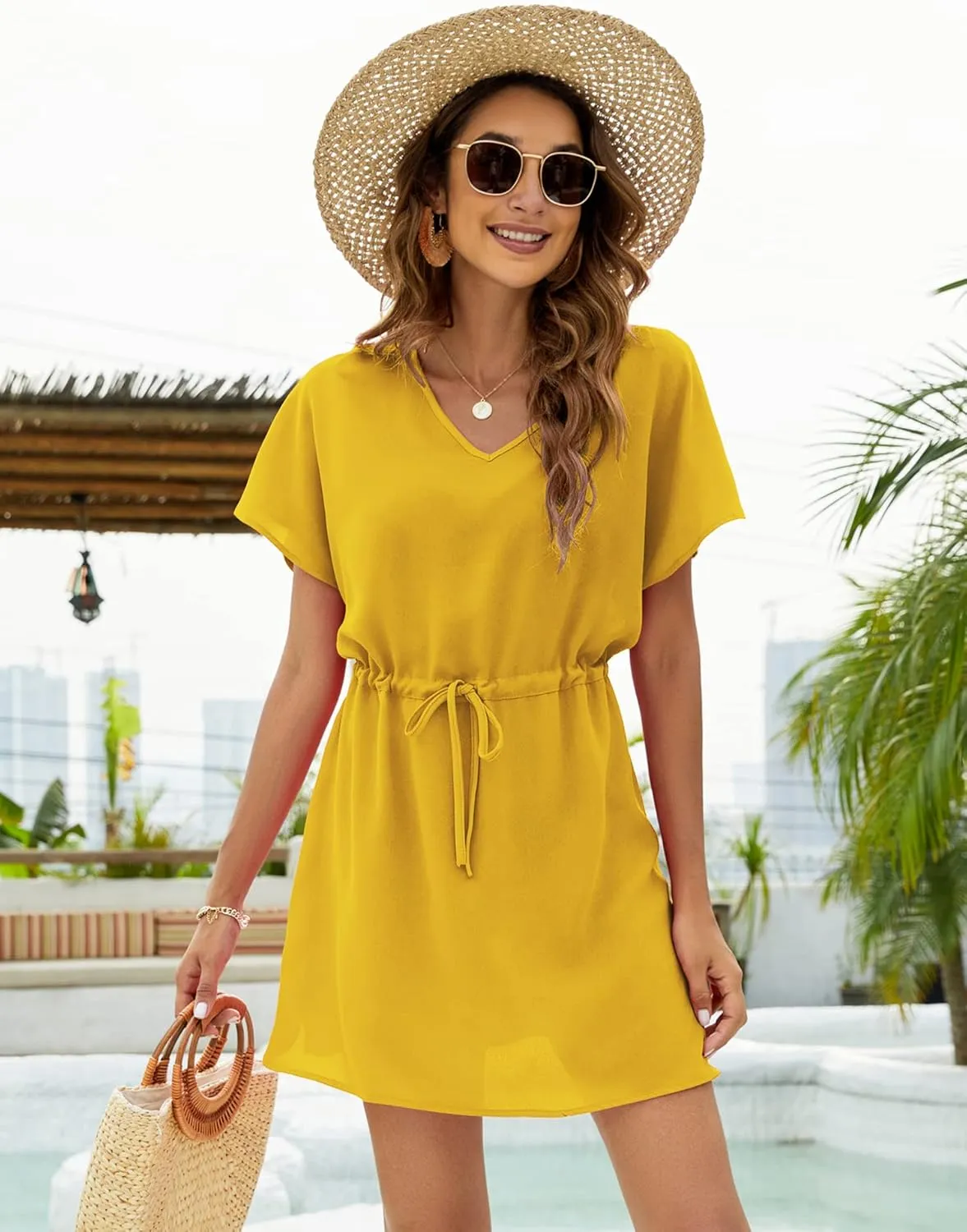 Bluetime Women Casual Swim Cover up V-Neck Summer Coverups Flowy Short Sleeve Mini Beach Dress