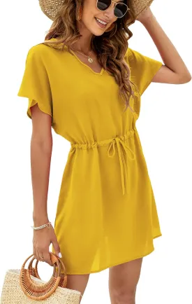 Bluetime Women Casual Swim Cover up V-Neck Summer Coverups Flowy Short Sleeve Mini Beach Dress