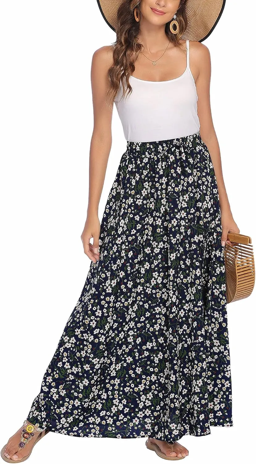 Bluetime Women Flowy Long Skirts Summer Beach Pleated Elastic High Waisted Casual Maxi Skirts