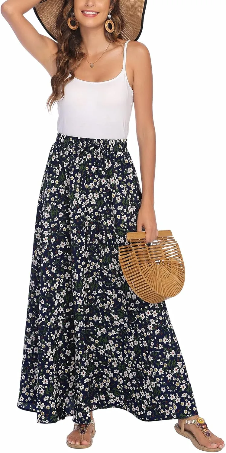 Bluetime Women Flowy Long Skirts Summer Beach Pleated Elastic High Waisted Casual Maxi Skirts