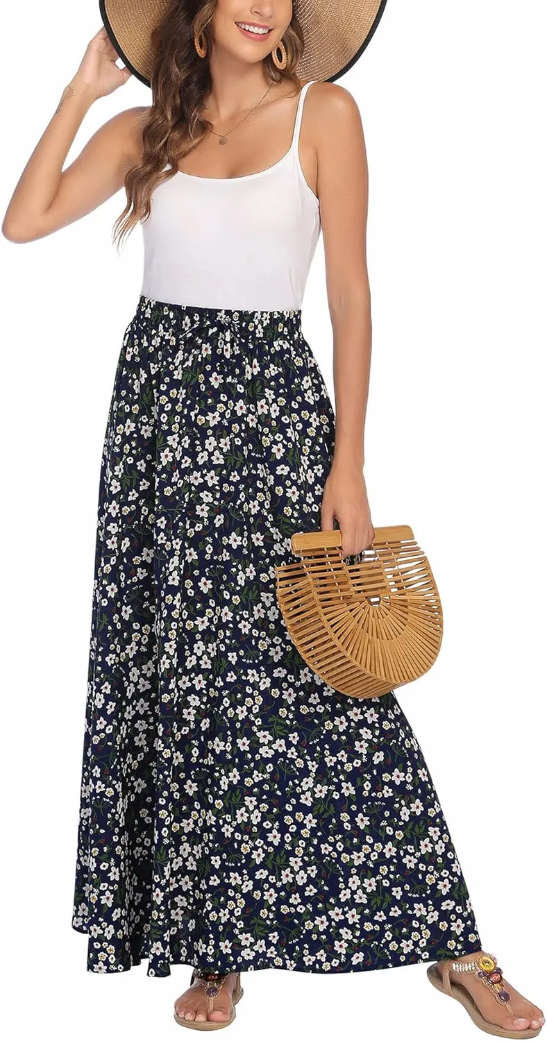 Bluetime Women Flowy Long Skirts Summer Beach Pleated Elastic High Waisted Casual Maxi Skirts