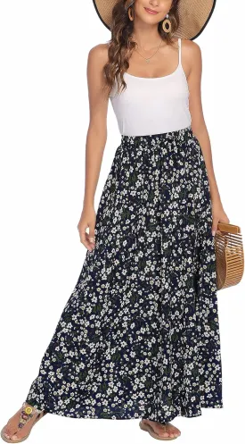 Bluetime Women Flowy Long Skirts Summer Beach Pleated Elastic High Waisted Casual Maxi Skirts