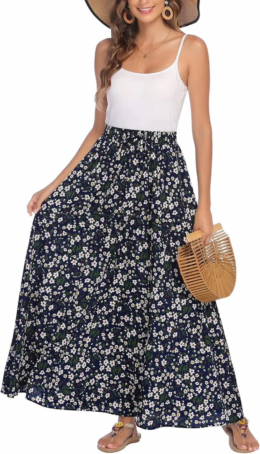Bluetime Women Flowy Long Skirts Summer Beach Pleated Elastic High Waisted Casual Maxi Skirts