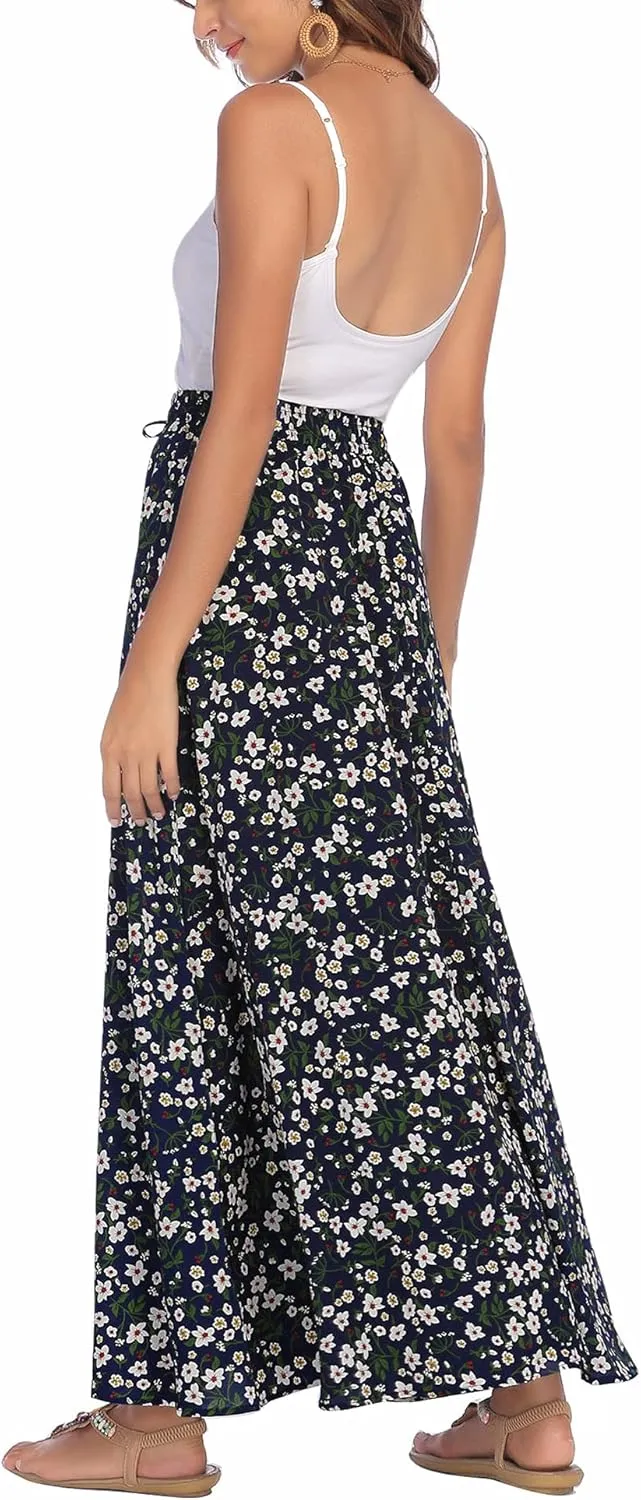 Bluetime Women Flowy Long Skirts Summer Beach Pleated Elastic High Waisted Casual Maxi Skirts