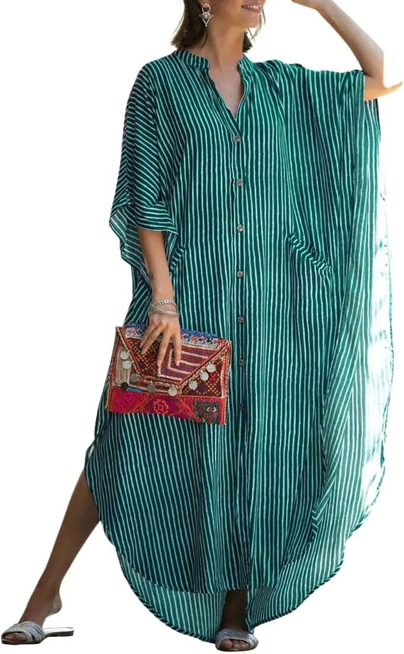 Bsubseach Beach Kaftan Dresses Women Button Down Long Rayon Caftan Swim Cover Up Muumuu Dress Oversized Coverups With Pockets