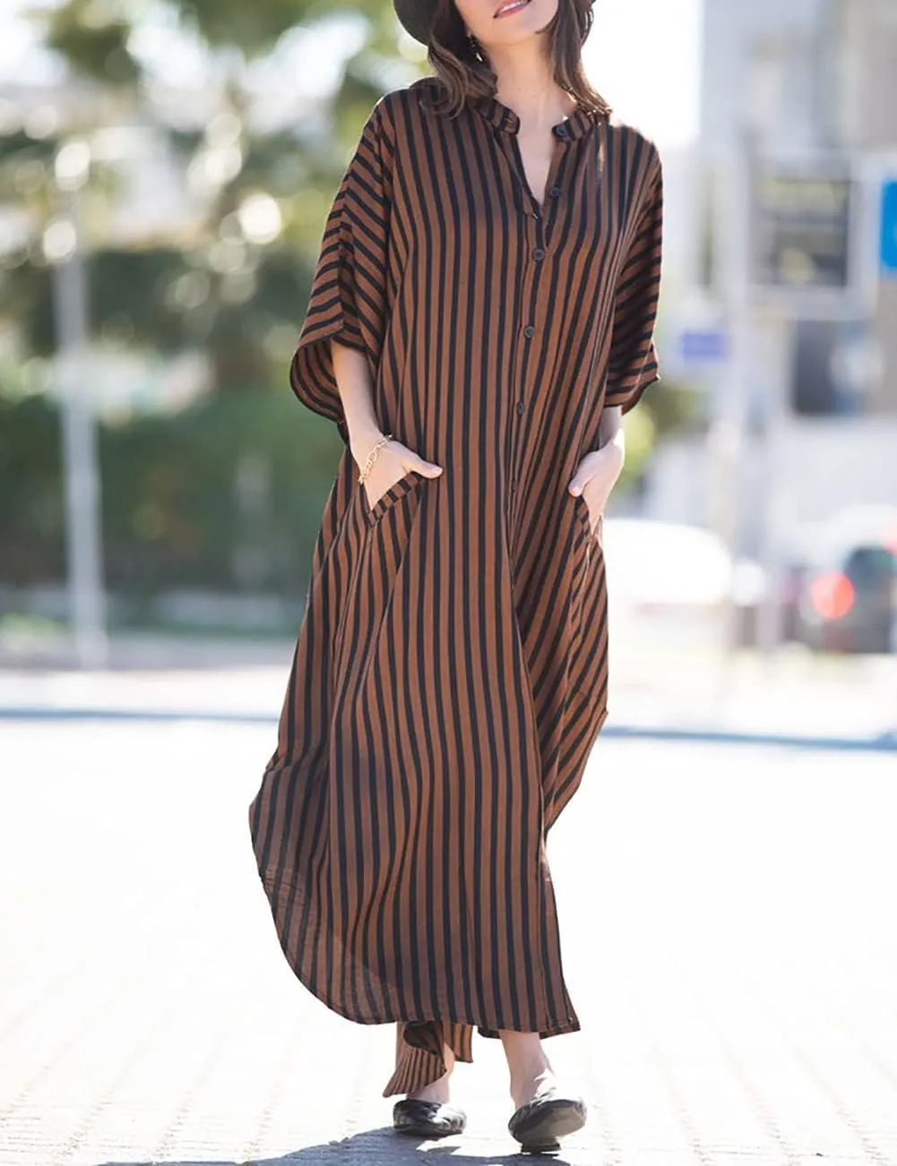 Bsubseach Beach Kaftan Dresses Women Button Down Long Rayon Caftan Swim Cover Up Muumuu Dress Oversized Coverups With Pockets