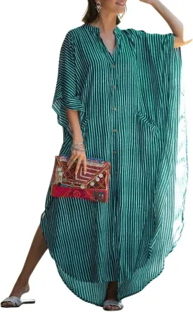 Bsubseach Beach Kaftan Dresses Women Button Down Long Rayon Caftan Swim Cover Up Muumuu Dress Oversized Coverups With Pockets