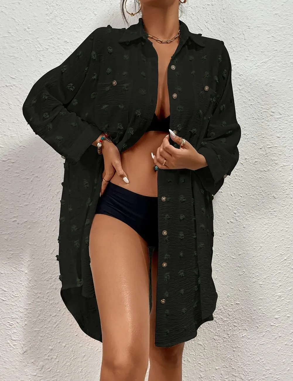Bsubseach Women Swimsuit Coverup Blouse Button Down Shirt Dresses Swiss Dot Tops