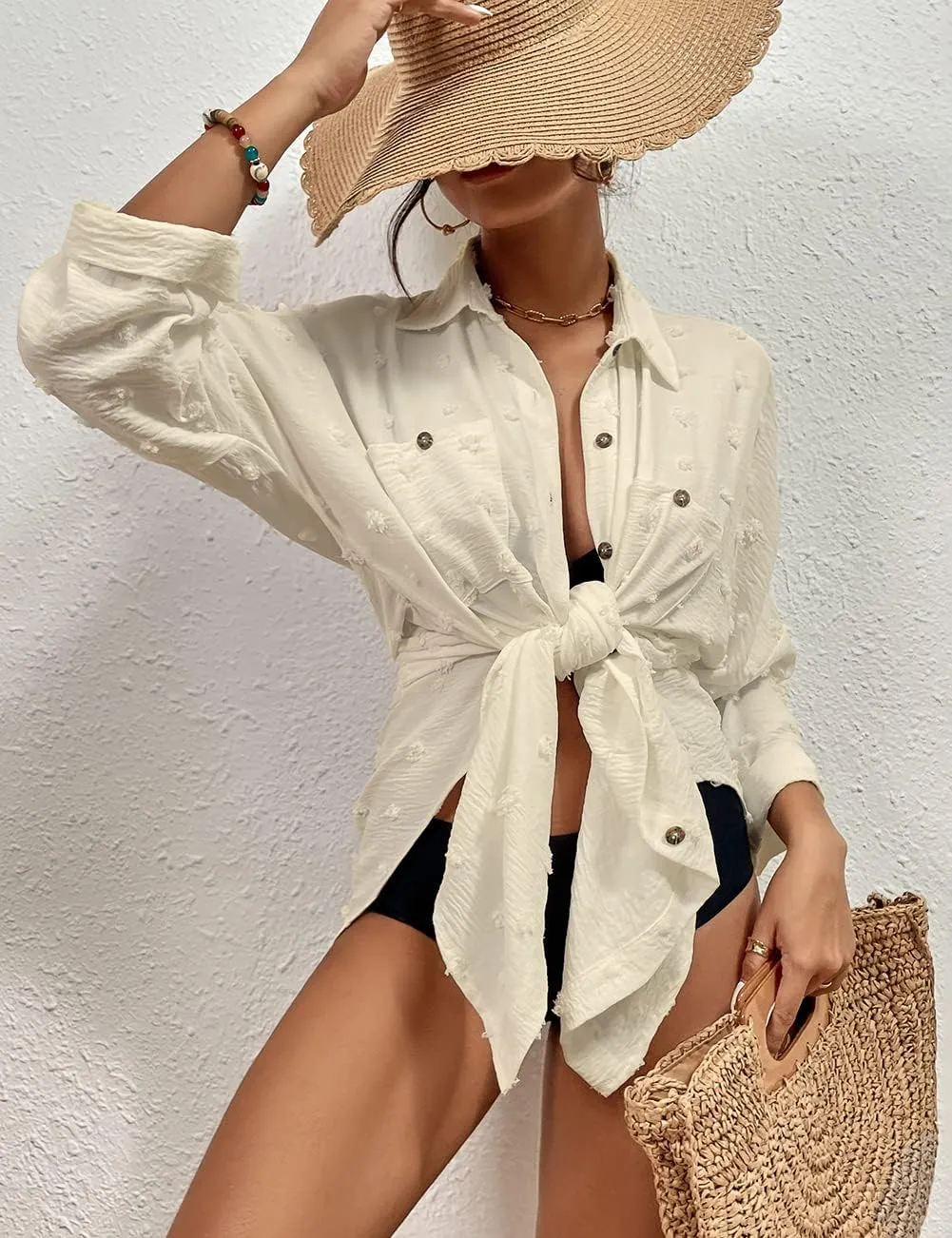 Bsubseach Women Swimsuit Coverup Blouse Button Down Shirt Dresses Swiss Dot Tops
