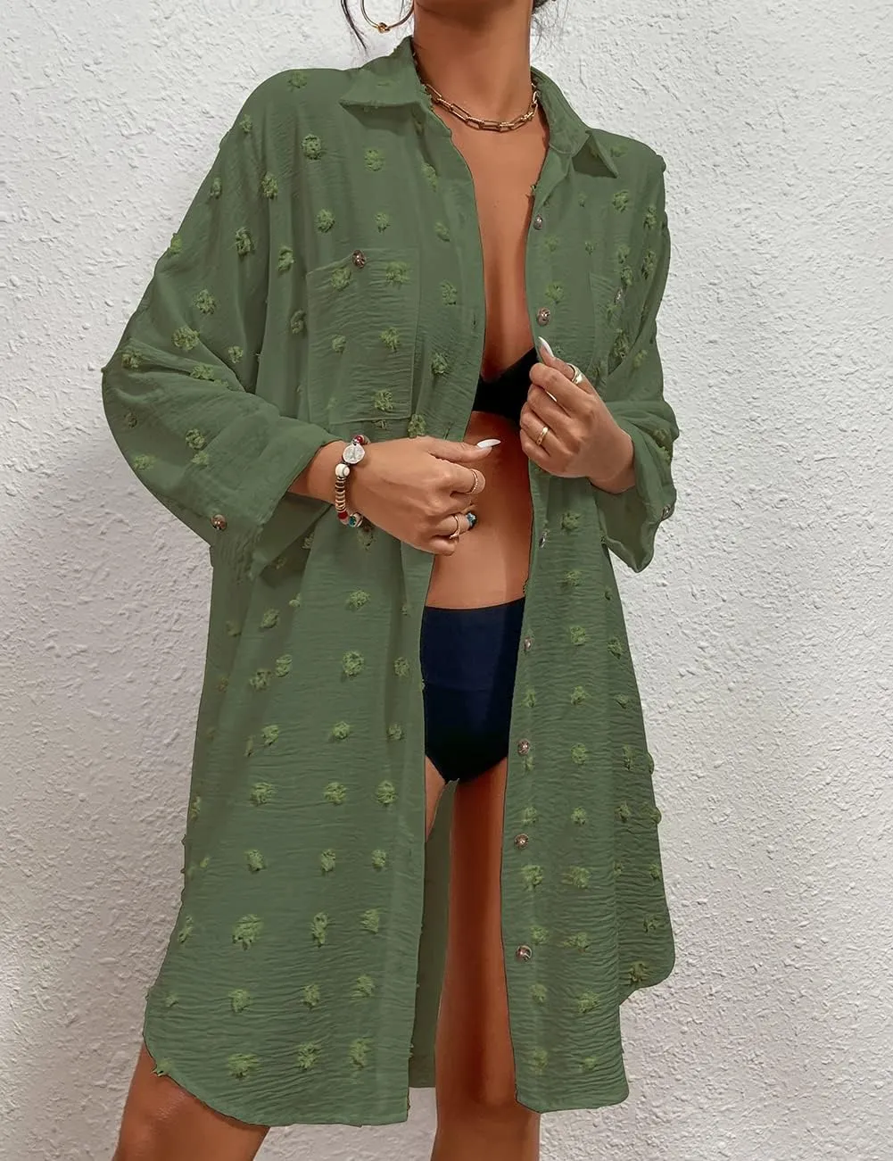 Bsubseach Women Swimsuit Coverup Blouse Button Down Shirt Dresses Swiss Dot Tops