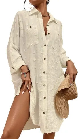 Bsubseach Women Swimsuit Coverup Blouse Button Down Shirt Dresses Swiss Dot Tops