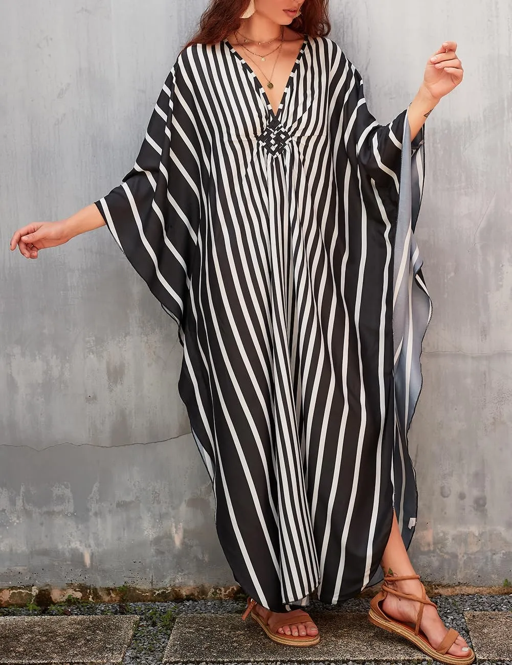 Bsubseach Womens Floral Print Kaftan Dress Plus Size Batwing Sleeve Swimsuit Cover Ups Summer Maxi Kimono Dresses