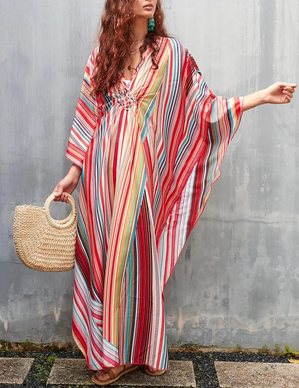 Bsubseach Womens Floral Print Kaftan Dress Plus Size Batwing Sleeve Swimsuit Cover Ups Summer Maxi Kimono Dresses