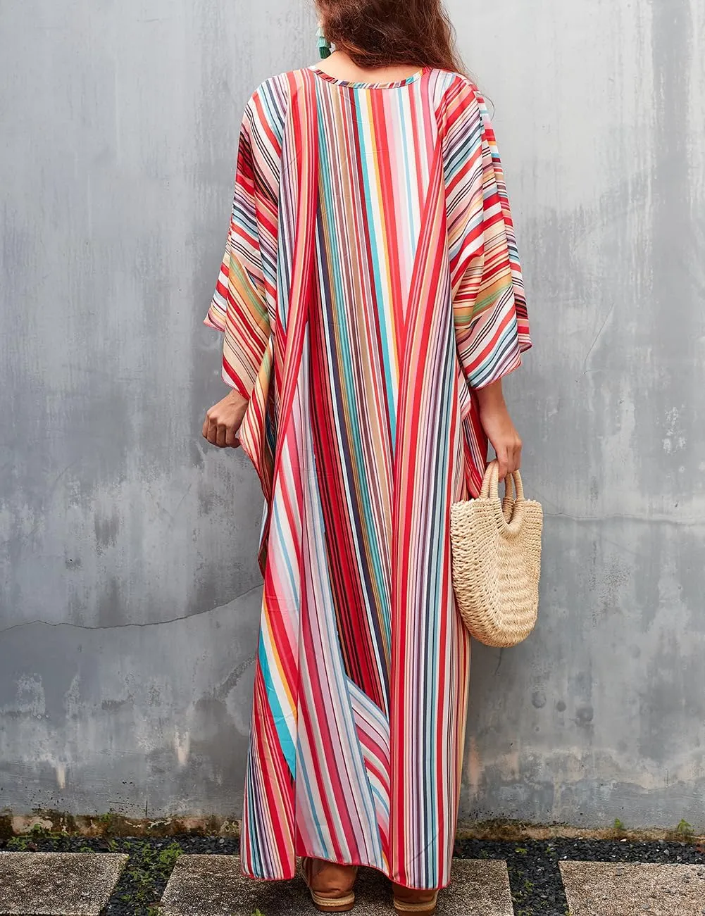 Bsubseach Womens Floral Print Kaftan Dress Plus Size Batwing Sleeve Swimsuit Cover Ups Summer Maxi Kimono Dresses