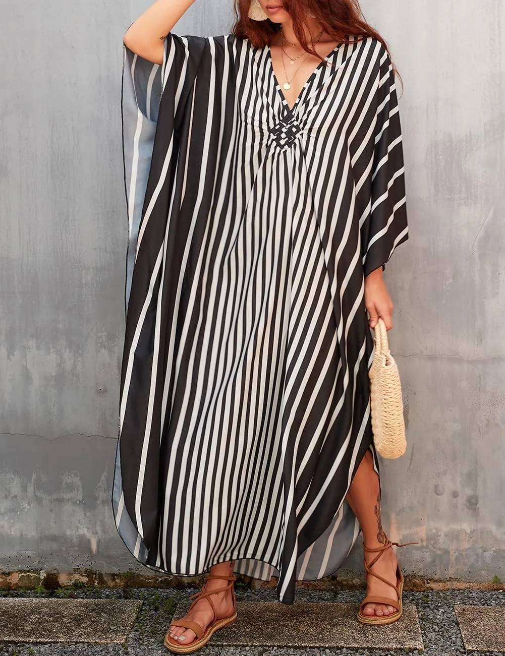 Bsubseach Womens Floral Print Kaftan Dress Plus Size Batwing Sleeve Swimsuit Cover Ups Summer Maxi Kimono Dresses