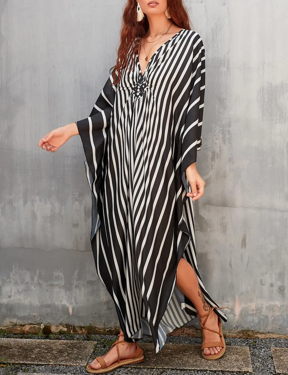 Bsubseach Womens Floral Print Kaftan Dress Plus Size Batwing Sleeve Swimsuit Cover Ups Summer Maxi Kimono Dresses