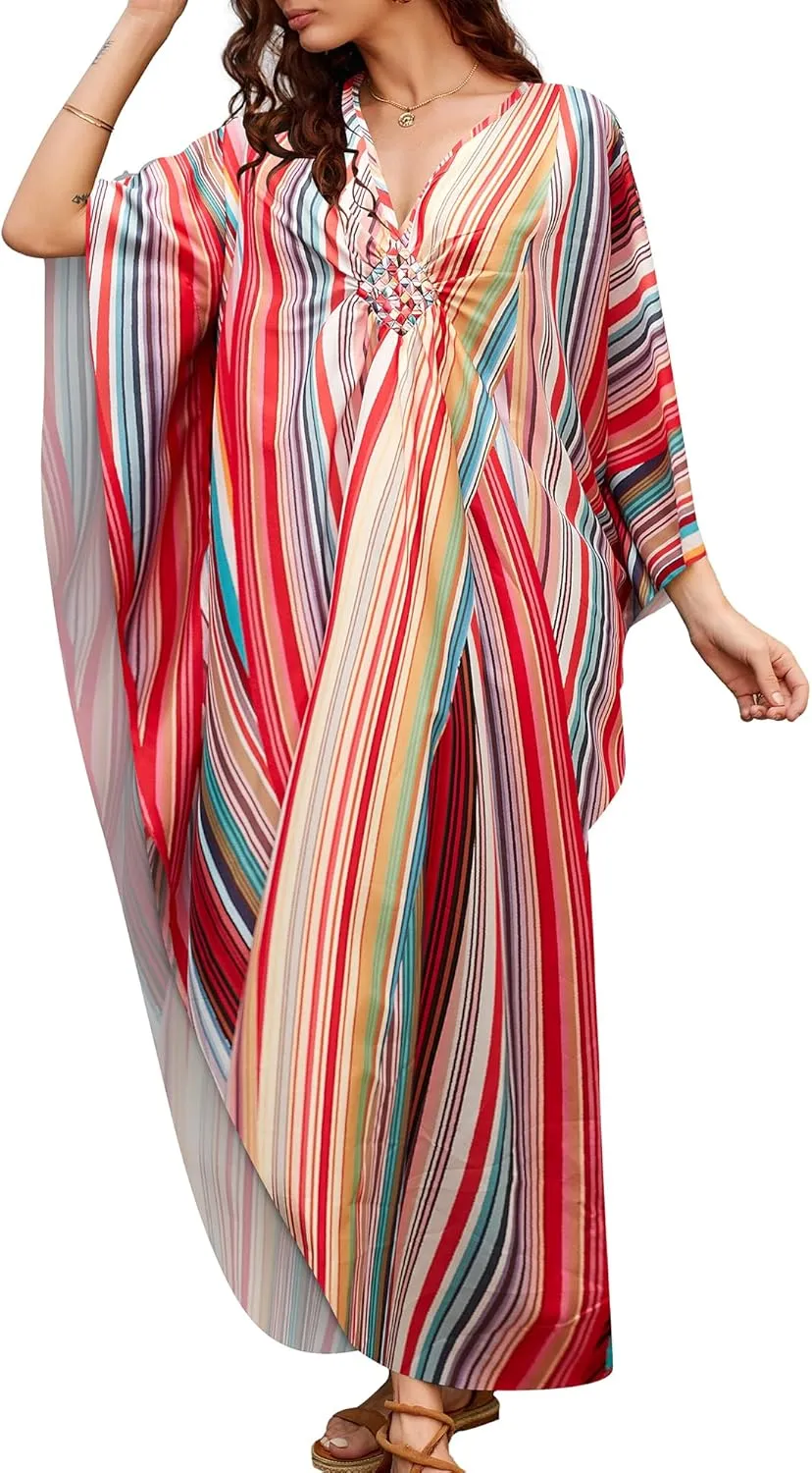 Bsubseach Womens Floral Print Kaftan Dress Plus Size Batwing Sleeve Swimsuit Cover Ups Summer Maxi Kimono Dresses