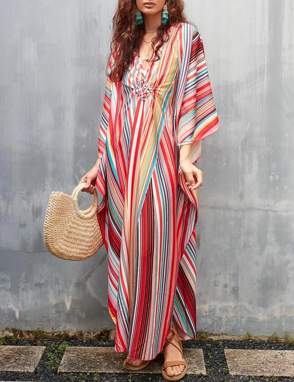 Bsubseach Womens Floral Print Kaftan Dress Plus Size Batwing Sleeve Swimsuit Cover Ups Summer Maxi Kimono Dresses